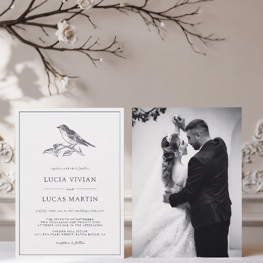ヴィンテージ鳥のモノクロ写真の結婚式 招待状