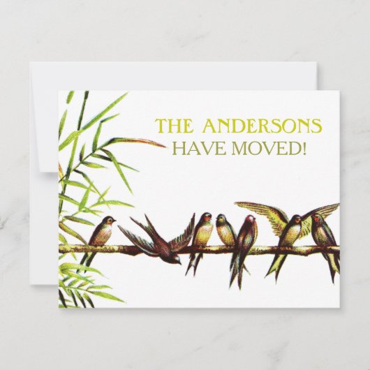 ヴィンテージ鳥の新しいアドレス+引っ越し祝いパーティーパーティー 招待状 (正面)