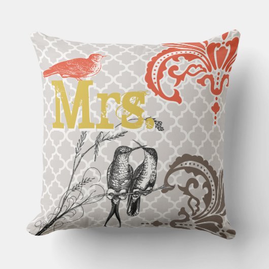 ヴィンテージ鳥の花枕モノグラムタイル模様 クッション (正面)