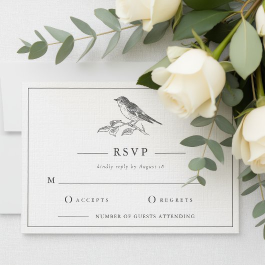ヴィンテージ鳥の黒と白の結婚式RSVP 招待状