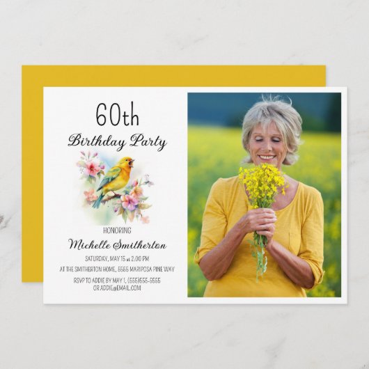 ヴィンテージ鳥カナリア花第60誕生日写真 招待状 (正面/裏面)