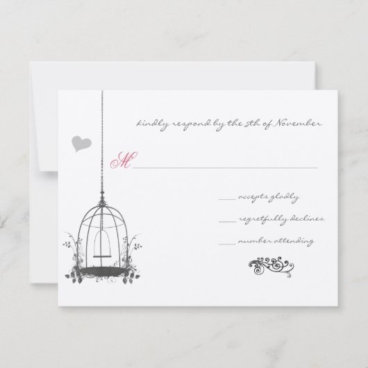 ヴィンテージ鳥ケージウェディング 招待状 グレー ピンクのアクセント (正面)
