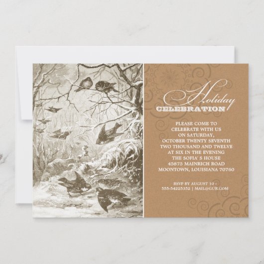 ヴィンテージ鳥スケッチホリデーお祝い招待状 招待状 (正面)