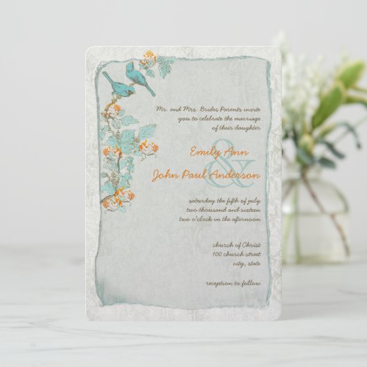 ヴィンテージ鳥ターコイズとオレンジダマスコウェディング 招待状 (スタンド正面)