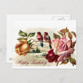 ヴィンテージ鳥バラ誕生日葉書 ポストカード (正面/裏面)