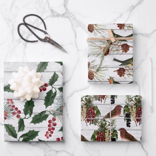 ヴィンテージ鳥フローラクリスマス ラッピングペーパーシート (正面)