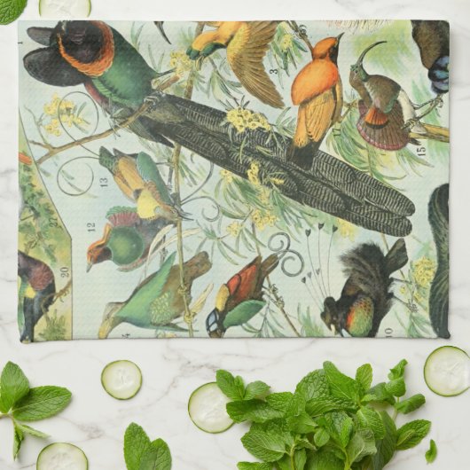 ヴィンテージ鳥古本イラストレーション美術動物 キッチンタオル (折り畳み)
