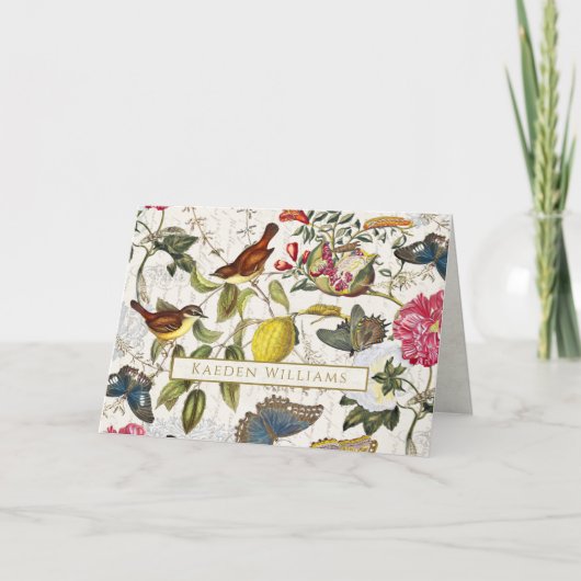 ヴィンテージ鳥植物性折り畳みグリーティングカード カード (正面)
