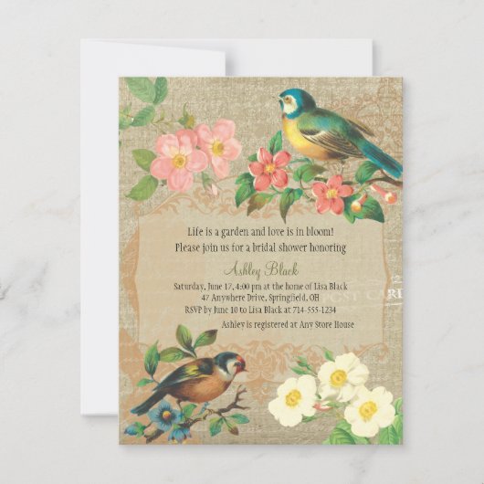 ヴィンテージ鳥素朴花ブライダルシャワー 招待状 (正面)