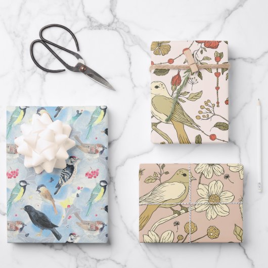 ヴィンテージ鳥誕生日クラシック美動物 ラッピングペーパーシート (正面)