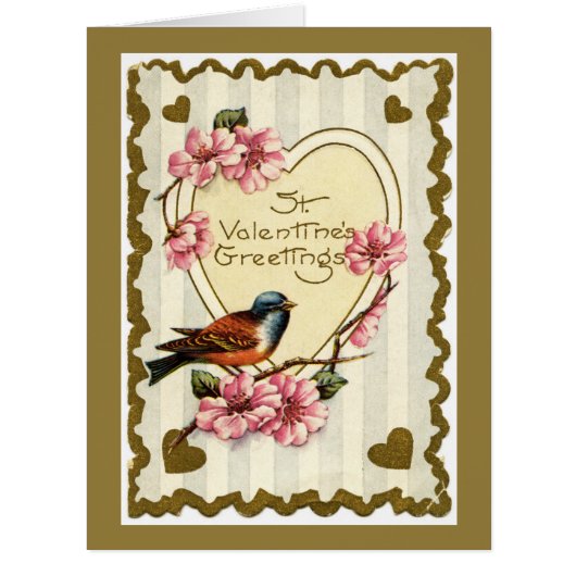 ヴィンテージ鳥金ゴールドバレンタインの大きなグリーティングカード (正面)