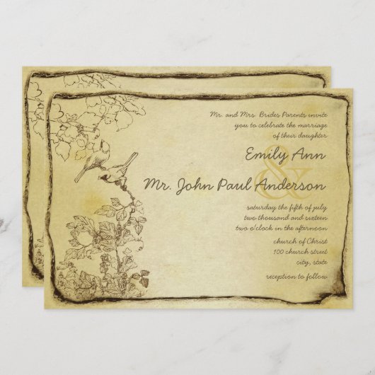 ヴィンテージ鳥金ゴールドメタリックパーチ結婚メント 招待状 (正面/裏面)