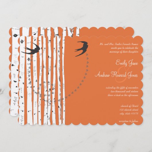 ヴィンテージ鳥類サンゴバラ樺の木ツリーウェディング招待 招待状 (正面/裏面)