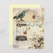 ヴィンテージ鳥類結婚植物反応RSVP インビテーションポストカード (正面/裏面)