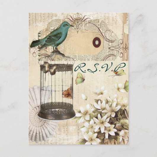 ヴィンテージ鳥類結婚植物反応RSVP インビテーションポストカード (正面)