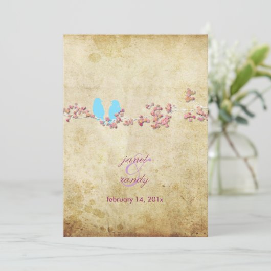 ヴィンテージ鳥/カラフルピンクさくらんぼ/桜の花 招待状 (スタンド正面)