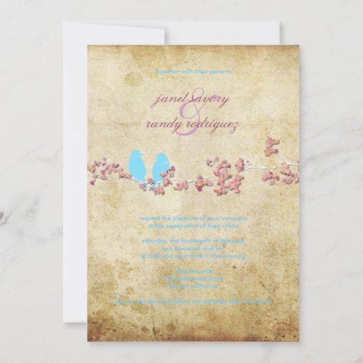 ヴィンテージ鳥/カラフルピンクさくらんぼ/桜の花 招待状 (裏面)