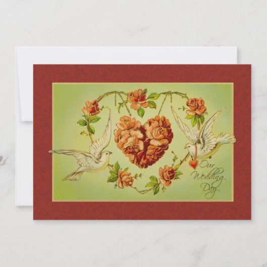 ヴィンテージ鳩バラハート結婚式招待状秋 招待状 (正面)