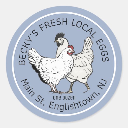 ヴィンテージ鶏と鶏の青い卵カートンラベル ラウンドシール (正面)