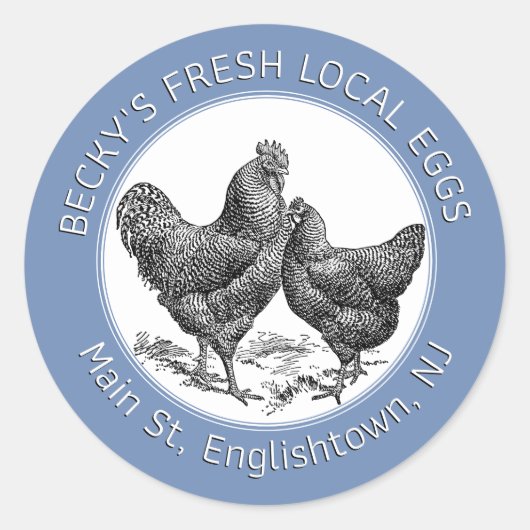 ヴィンテージ鶏と鶏の青い卵カートンラベル ラウンドシール (正面)
