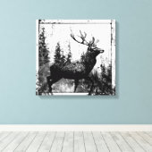 ヴィンテージ鹿の動物の白と黒の牡鹿 キャンバスプリント (インサイチュ (ウッドフロア))