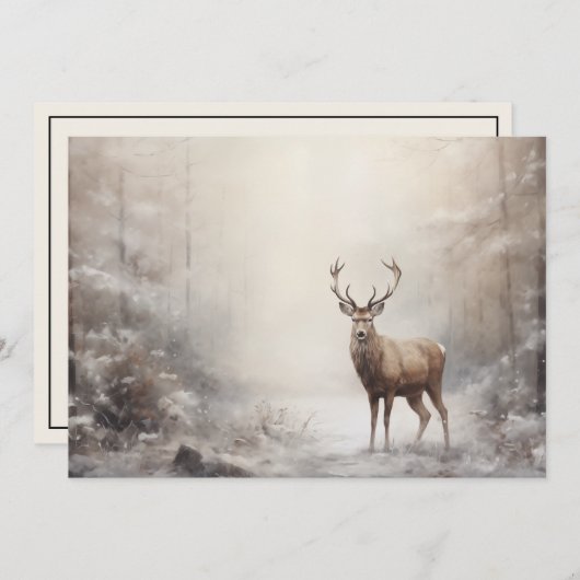 ヴィンテージ鹿の森の冬の雪メリークリスマス シーズンカード (正面/裏面)