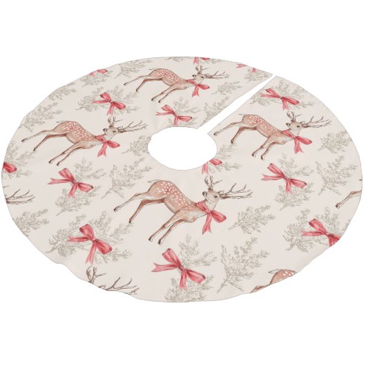 ヴィンテージ鹿の赤い弓模様クリスマス ブラッシュドポリエステルツリースカート (アングル)