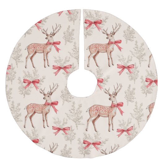 ヴィンテージ鹿の赤い弓模様クリスマス ブラッシュドポリエステルツリースカート (正面)