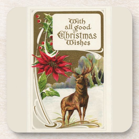 ヴィンテージ鹿の雪のライトグレークリスマス コースター (正面)