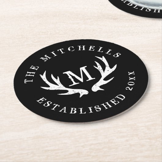 ヴィンテージ鹿アントラー結婚式パーティー紙コースター ラウンドペーパーコースター (アングル)