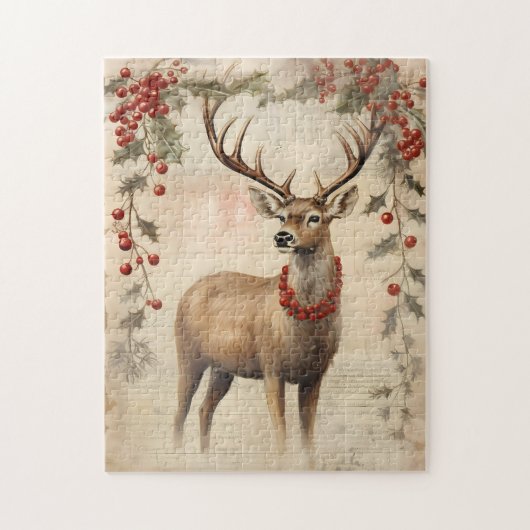 ヴィンテージ鹿クリスマス冬の年齢の切り離し ジグソーパズル (縦)