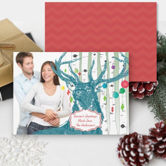 ヴィンテージ鹿樺の木ツリーフォトクリスマスカード シーズンカード