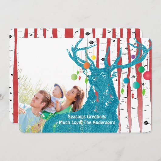 ヴィンテージ鹿樺の木ツリーフォトクリスマスカード シーズンカード (正面/裏面)