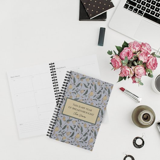 ヴィンテージ黄および緑の図解入りの、写真付きのフローラ プランナー手帳