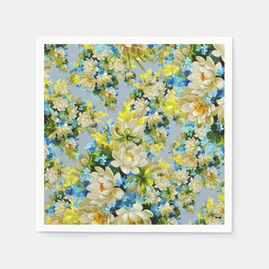 ヴィンテージ黄と青の花柄 スタンダードカクテルナプキン (正面)