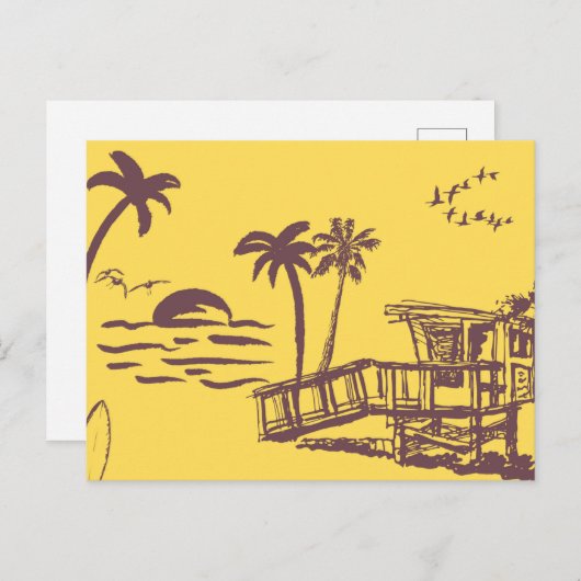 ヴィンテージ黄クール色熱帯ビーチスケッチ シーズンポストカード (正面/裏面)