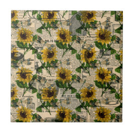 ヴィンテージ黄ヒマワリ新聞トンボ タイル