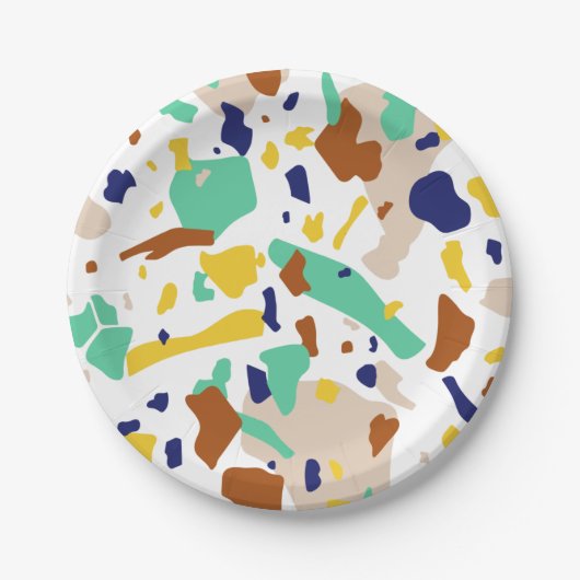 ヴィンテージ黄ブルーモダン抽象芸術幾何学模様 ペーパープレート (正面)