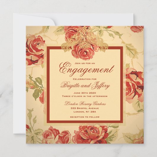 ヴィンテージ黄素朴な赤カスタムバラ婚約s セーブザデート (正面)