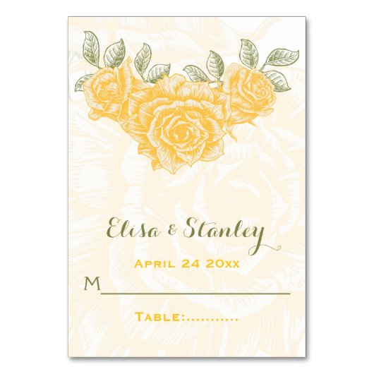 ヴィンテージ黄結婚薔薇の折り畳みエスコートカード テーブルナンバー (正面)