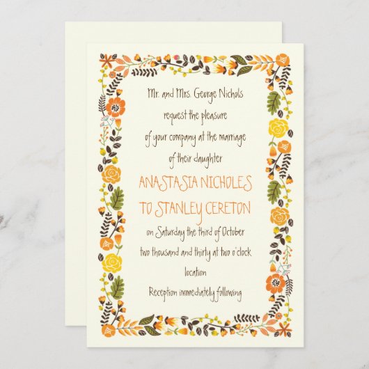 ヴィンテージ黄縁どモダン結婚フローラ 招待状 (正面/裏面)