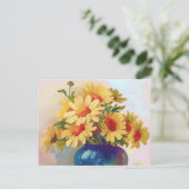 ヴィンテージ黄色い花と青い花瓶はがき ポストカード (スタンド正面)