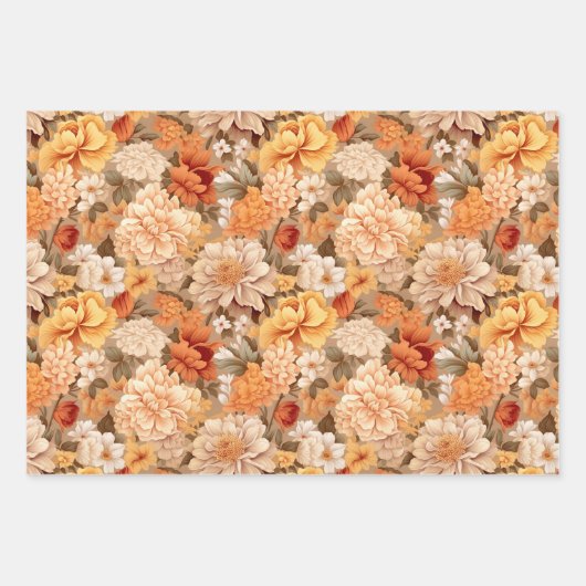 ヴィンテージ黄色がかったオレンジ色のベージュ色のタン色の花 ラッピングペーパーシート (正面2)