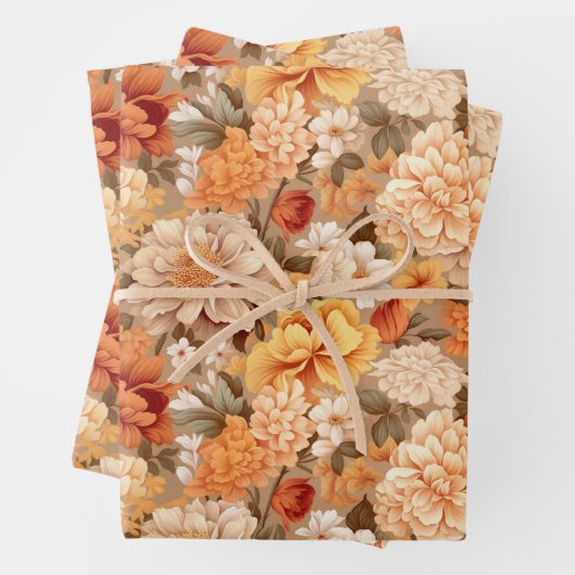 ヴィンテージ黄色がかったオレンジ色のベージュ色のタン色の花 ラッピングペーパーシート (インサイチュ)