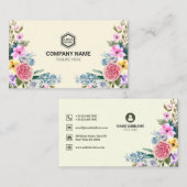 ヴィンテージ黄色とエレガントピンクの水色フローラ 名刺 (正面/裏面)