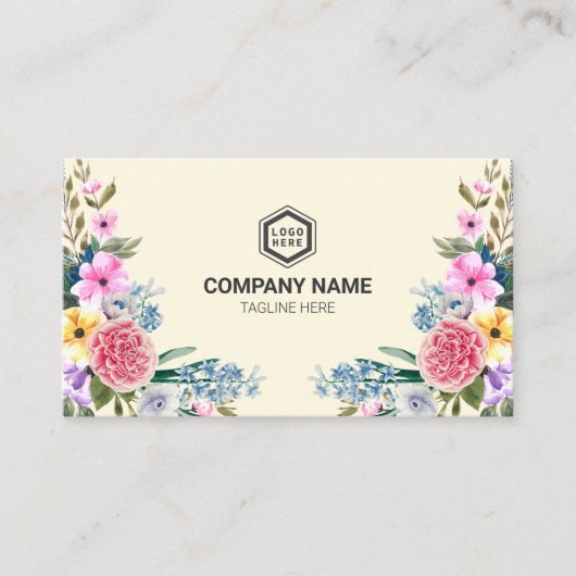 ヴィンテージ黄色とエレガントピンクの水色フローラ 名刺 (正面)