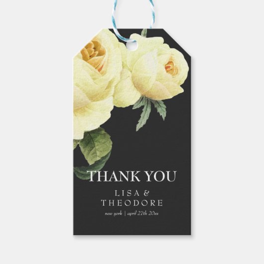 ヴィンテージ黄色のバラと感謝していグレーユー結婚ズ ギフトタグ (正面)