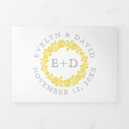 ヴィンテージ黄色のバラリース、グレーの文字結婚ズ 三つ折り招待状