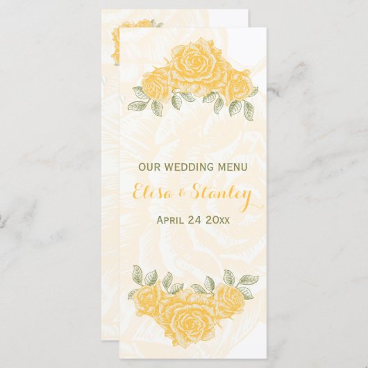 ヴィンテージ黄色のバラ結婚スのメニューカード メニュー (正面/裏面)