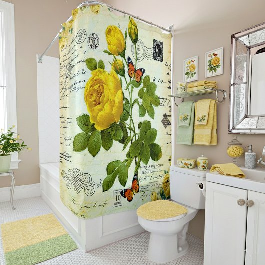 ヴィンテージ黄色のバラ シャワーカーテン